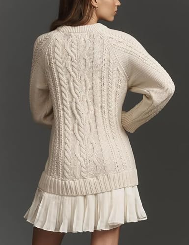 2025 New Women Crewneck Cable Knit Sweater Mini Dress, Long Sleeve Pleated Mini Dress Twofer Style Patchwork Dress2