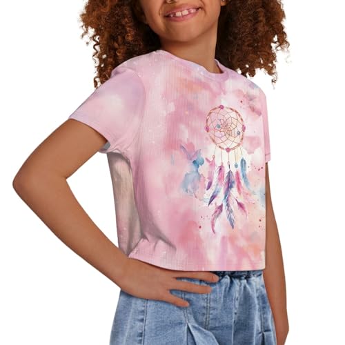 Image of Girls Crop Tops Cute Short Sleeve Shirts Fashion Tees for Kids Casual Crewneck Blouses Size 8-16 Years