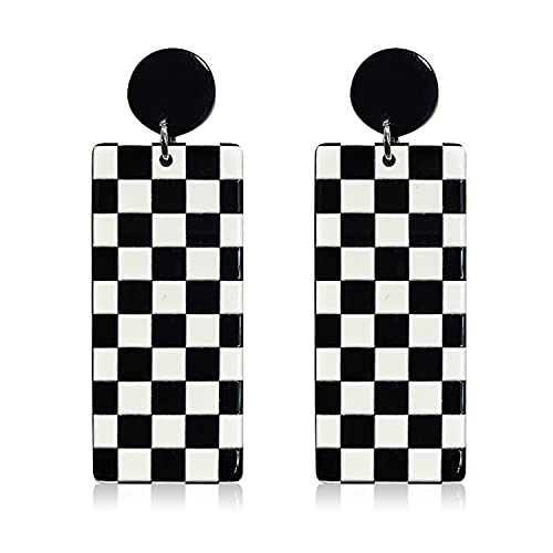 Unique Acrylic Black White Striped Checkered Dangle Drop Earrings Heart Flower Pattern Stud Earrings for Women Statement