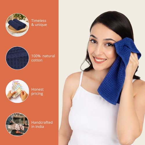Image of HAMELIN The Ezra Waffle Face Towel Set| Cotton Lightweight Anti Microbial & Water Absorbent | Softer Touch Quick Drying Towels | Durable & Long Lasting | Blue | 31 cm x 31 cm | Pack of 2