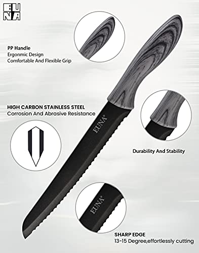 Euna 8-Inch Serrated Bread Knife, Razor Sharp Stainless Steel Professional Bread Cutter With Sheath & Gift Box For Slicing Homemade Bread, Bagels, Cake, Non-Stick Coating, Black #TOP3