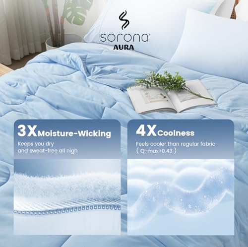 Amélie Home Cooling Comforter King Size, Dual-Sided Lightweight Cooling Blanket for Hot Sleepers, Q-Max 0.43 Breathable Cooling Quilt for Night Sweats, 106" x 90", Heather Ice Blue