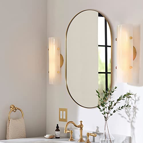 Andy Star Oval Gold Mirror, 20X33’’ Oval Brass Mirror Stainless Steel Metal Frame Mirror For Bathroom, Entryway, Living Room, Contemporary 1" Deep Set Design Wall Mount Hangs Vertical Or Horizontal #TOP1