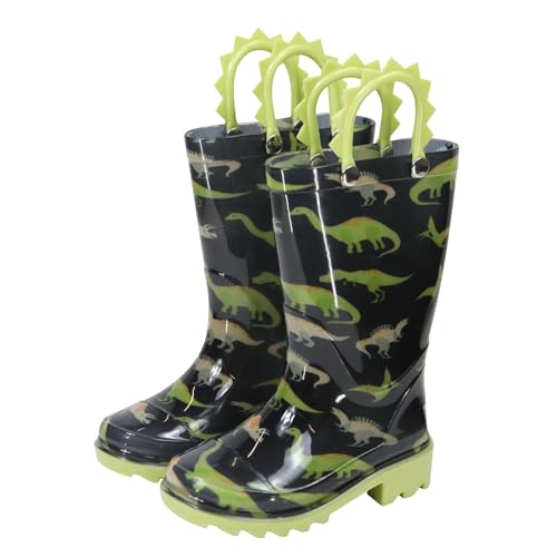 A2Z 4 Kids Botas de agua de dinosaurio para niños y niñas, de PVC, antideslizantes, impermeables, con asas fáciles de tirar, para exteriores, para charcos, salpicaduras, tallas 4 a 2, verde lima, 30
