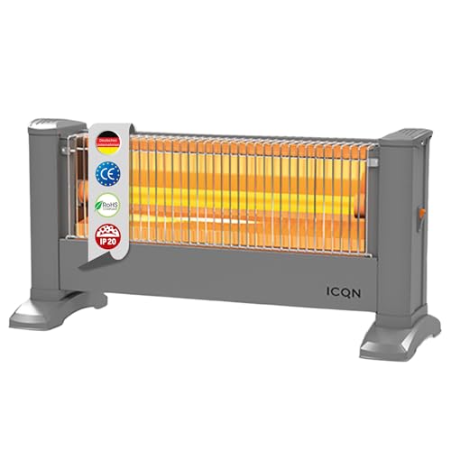 ICQN Riscaldatore a raggi infrarossi, per ambienti fino a 10 m², 900 W, IP20, riscaldamento elettrico, cavo da 135 centimetri, riscaldatore per ufficio o casa, riscaldamento a infrarossi (argento)