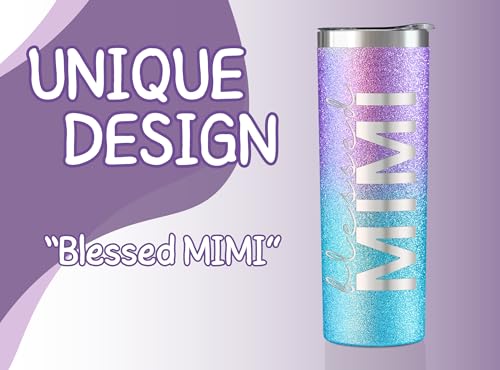 Image of Onebttl Christian Grandma Gifts for Mother's Day, 20oz Purple & Blue Glitter Skinny Tumbler, Straw & Lid Included, Mimi Gifts - Blessed Mimi