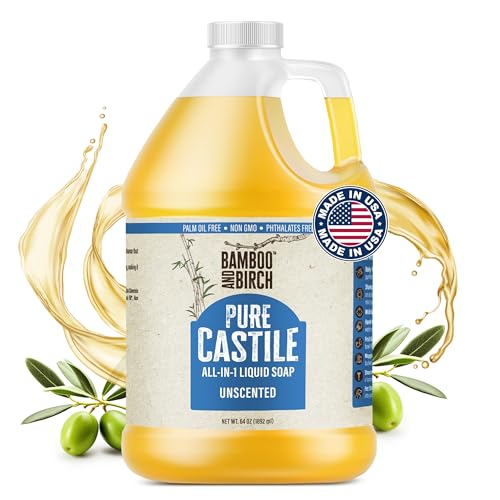 BAMBOO AND BIRCH Pure Castile Soap Liquid Organic, Certified Palm Oil Free Natural Soap, Unscented, 64 oz