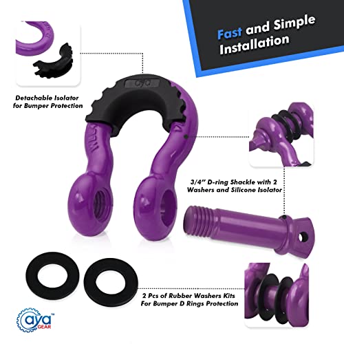 Aya Gear D Ring Shackle (2 Pack) 62,700 Ibs Break Strength With 7/8" Screw Pin And Shackle Isolator & Washers Kit For Tow Strap Winch, Off Road Vehicle Recovery Jeep Truck (Purple-Black) #TOP2