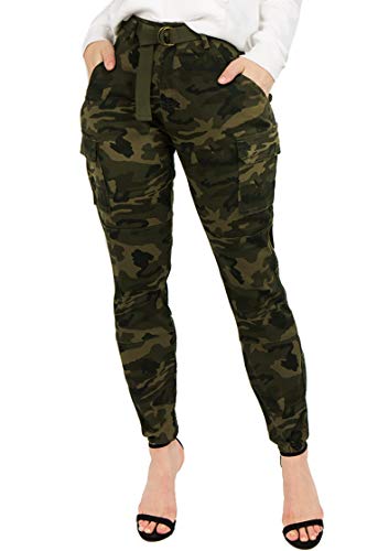 Twiinsisters Women's High Waist Slim Fit Jogger Cargo Camo Pants For Women With Matching Belt - Small, Army Olive #TOP3