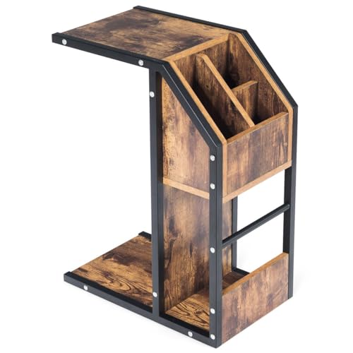 CASART C-Shaped Sofa Side Table, Industrial End Table with Storage and Metal Frame, Wooden Snack Coffee Table Bedside Table for Living Room Bedroom Office