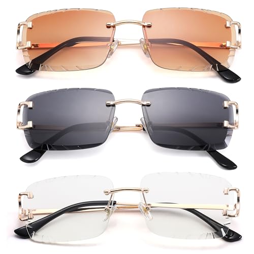 Image of Hycredi Rimless Rectangle Sunglasses for Men /Women- Frameless Square Trendy Shade - Diamond Cutting Eyewear