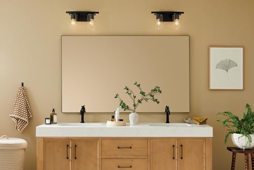 Image of Kichler Crosby 15.25 inch 2-Light Bathroom Vanity Light Fixture with Clear Glass in Black for Powder Room, Modern Wall Mount Over Mirror (15.25 inch x 8.75 inch), 45496BKCLR