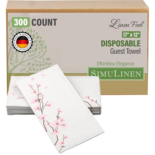 SimuLinen Cherry Blossom Disposable Guest Towels - Cloth-Like Single-Use Linen Feel Paper Towels 12x17 300ct (Made in Germany)