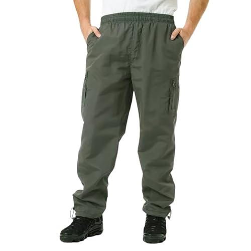 Image of Men’s Thermal Fleece-Lined Cargo Trousers – Windproof Water-Resistant Work Combat Pants with Multi Pockets, Elasticated Waist & Drawstring for Walking & Outdoor, Biker Cyclist Use - Olive L