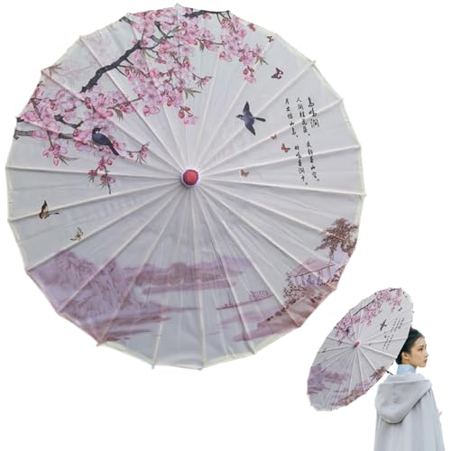 Obelunrp Chinese Umbrella, 32.3inch Chinese Landscape Painting Bamboo Umbrella, Silk Cloth Handmade Oiled Paper Umbrella, Japanese Umbrella for Wedding Parties Photography Costumes