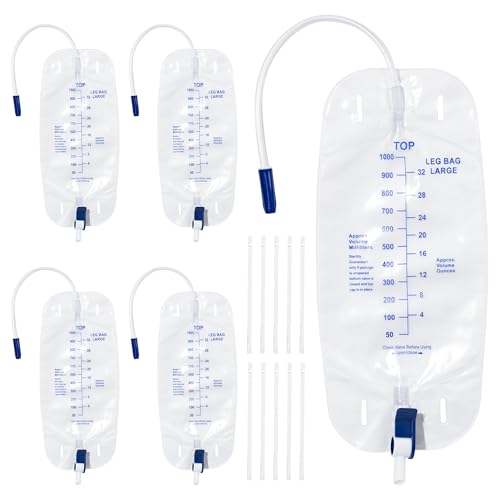 BeHerk Urinary Drainage Bag 1000ml Catheter Leg Bag, 5 Pack Catheter Leg Bags for Men, Catheter Bags...