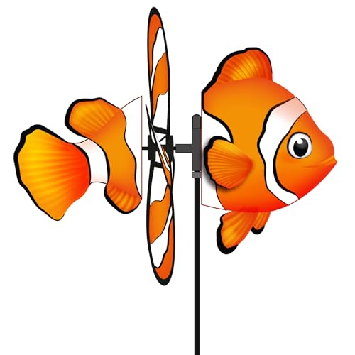 HQ Design Windspiration - Spin Critter, UV-beständige und wetterfeste Windspiel Deko für Garten, Terrasse und Balkon - Windrad inkl. Standstab (Clownfish)