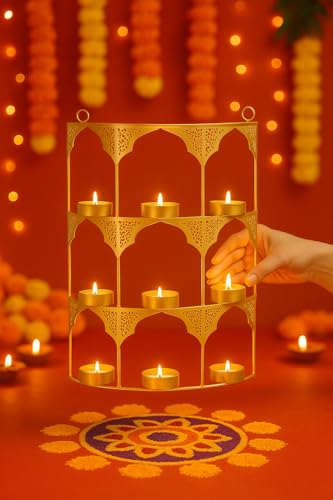 Image of CraftVatika Tealight Candle Holder, Festiv Decor Diwali Decoration for Home, Wall Hanging Metal Jharokha 9 Tealight Candle Holder Votive Stand Frame Christmas Diwali Gift Items for Family Friends