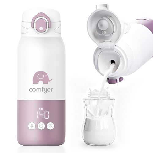 Comfyer Tragbarer Flaschenwärmer unterwegs für Baby,Schnelles Aufheizen und Lange Akkulaufzeit 12000mAh, Zwei Heizmodi für Muttermilch und Wasser, 340ml Kapazität, für Auto-und Flugzeugreisen