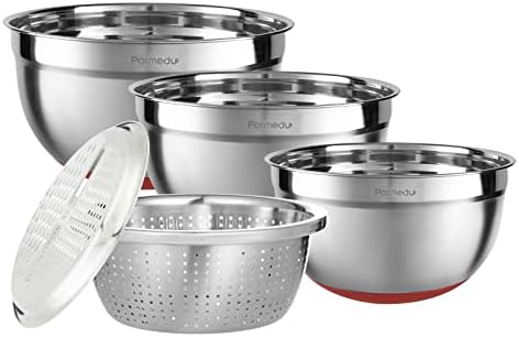 Parmedu 5-in-1 Multifunction Large 304 Stainless Steel Mixing Bowl Set, 3 Deep Nesting Salad Bowls Size 4QT, 3QT, 2.5QT & Colander & Grater, Model CK001