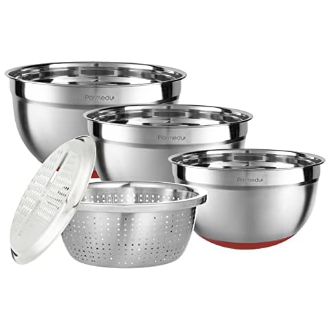 Parmedu 5-in-1 Multifunction Large 304 Stainless Steel Mixing Bowl Set, 3 Deep Nesting Salad Bowls Size 4QT, 3QT, 2.5QT & Colander & Grater, Model CK001 Cover