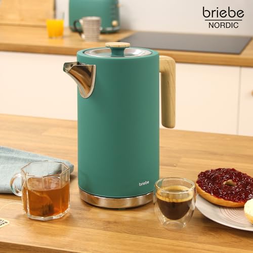 briebe Nordic Set Toaster 2 Scheiben Breite Schlitze mit Brötchenaufsatz, 6 Toast Stufen + Wasserkocher 1,7L Elektrischer 2200W Schnell Aufheizender, BPA-frei, Frühstücksset Nordisches Design, Grün