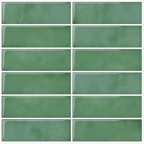 DEWOO Green Peel and Stick Backsplash Subway Wall Tile for Kitchen Bathroom, Thin 10-Sheet (12"×12")