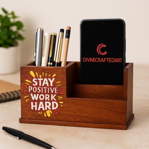 DivineCraftedArt Handcrafted Wooden Pen Holder & Mobile Stand | Desk Organizer for Office, Home & Study Table | Pen Pencil Stand with Card Holder (6.75×3.75×2.5 Inch) (Stay Positive Desk)