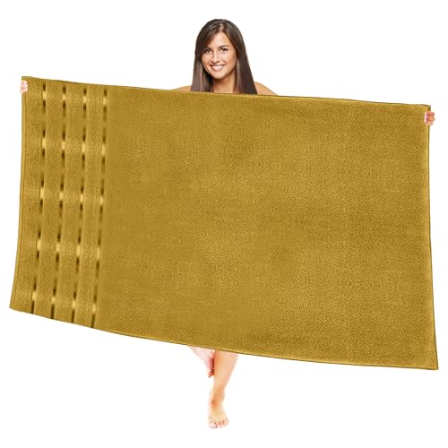 Image of Elegant Comfort 100% Turkish Cotton 4 Lines Viscose Stripe Jumbo Bath Towel - Hotel Spa Quality Extra Large 35 x 70 Inch Bath Towel Ultra Soft, Super Absorbent Quick Dry Large Bath Towel, Gold