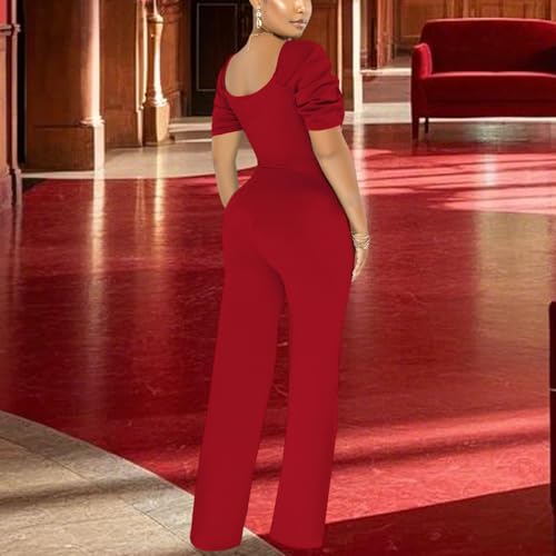 Image of PaladMom Womens Elegant Plus Size Jumpsuits Sexy Back zipper Short Sleeve Mid Waist Wide Leg Straight Rompers