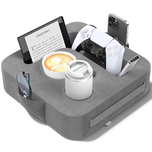 Heyife Couch Cup Holder Pillow with L-Shaped Tablet Slot Sofa Cup Holder Tray for iPad Kindle Switch Phone & Drink Holder Non-Slip Couch Organiser for Sofa Bed Desk Ash Grey