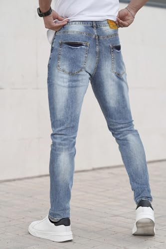 Slim Fit Stretch Jeans for Men Tapered Leg Skinny Fit Jeans Blue Color No Ripped 284
