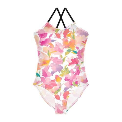 KLL Summer Small Fresh Watercolor Girls 1-Piece Swimsuit Beach Swimwear with Adjustable Straps Quick Dry