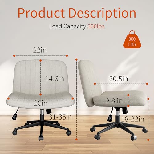 Image of Criss Cross Chair with Wheels, Cross Legged Office Chair, Armless Office Chairs Adjustable Height Swivel Tilting Fabric Vanity Chairs for Home Bedroom (Beige)