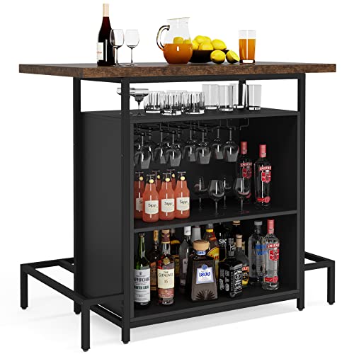 LITTLE TREE Home Bar Unit Cabinet with Footrest Industrial 3 Tier Liquor Bar Table with Stemware Rack and Wine Storage
