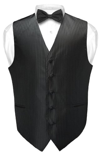 Vesuvio Napoli Men's Dress Vest & BOWTie BLACK Vertical Striped Design Bow Tie Set for Suit Tux