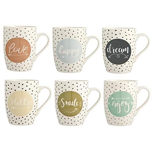H&H Enjoy - Set 6 Tazze Mug in Porcellana Multicolore | 350 ml | Scritte Positive Assortite (Love, Happy, Dream, Smile, Enjoy, Hello) | Lavabili in Lavastoviglie | Ideali per Casa