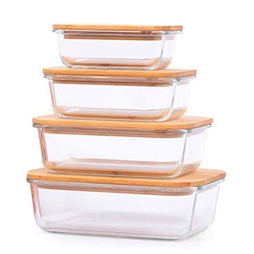 4-Pack Glass Food Storage Containers with Bamboo Lids , Meal Prep Ecofriendly Containers with Lids for Kitchen, Home Use, Safe for Microwave,Freezer, BPA Free (370mL, 640mL, 1040mL, 1520mL)