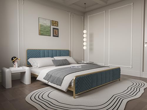 Image of Modern Upholstered Double Size Bed for Bedroom | Metal Double Bed | Platform Cot Bed with Upholstery Premium Fabric | 6.5 x 4 Ft | Powder Coated Metal Bed | Turquise