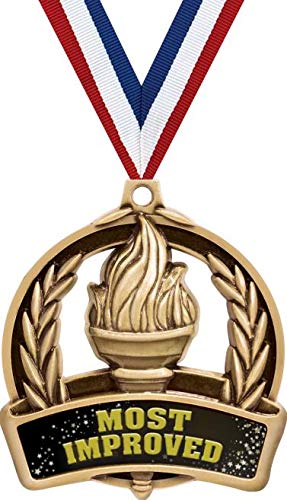 Most Improved Medals, 2" Gold Student Recognition Achievement Medal Award, Comes with Neck Ribbon