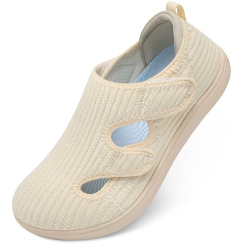 LeIsfIt Diabetic Shoes for Women Adjustable Extra Wide Barefoot Walking Shoes for Swollen Arthritis Edema Feet Wide Width Zero Drop Sole Taupe Size 8.5
