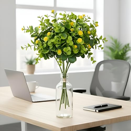 Image of Artificial Eucalyptus Bouquet with Baby Breath Yellow Flowers - 6 Stems Faux Greenery Bunch, 33cm Height for Home, Office, Wedding & Party Decoration