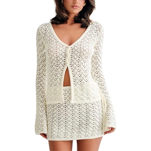 VOIKERDR White Cover Up Crochet Sets Two Piece Women Skirt Set Summer Beach Coverup