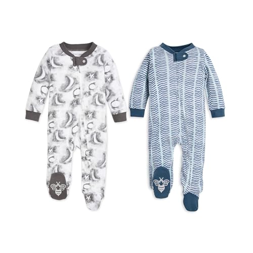 Image of Burt's Bees Baby Boys Footed Pajamas, Sleep and Play Loose Fit, 100% Organic Cotton Soft One-piece PJs, Sizes NB to 6-9 Months Blue