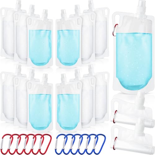 Maxdot 12 Pack 1L Collapsible Travel Water Bottles with Clip 33 oz Clear Foldable Water Pouch Container Bag for Hiking Backpacking Camping Travel Emergency