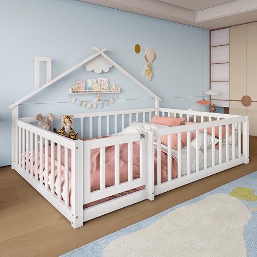 Huayz Cama De Suelo De 140 X 190 Cm Con Protección Anticaída Y Puerta Con Cerradura, Estructura De Cama Infantil, Cama De Madera De Pino Con Somier, Cama De Madera, Sin Colchón