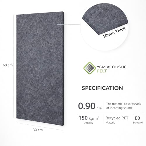 Image of YGM Acoustic Foams Luxury PET Felt Acoustic Self Adhesive Panels, 10 MM Thick, Sound Absorbing Panels for Wall | Room Noise Reducer & Sound Dampening (Midnight Grey, 1x2 Foot - 16 Panels)