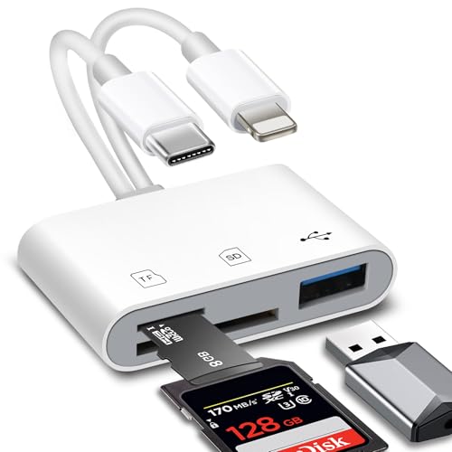 SD Card Reader for iPhone/iPad and Android, Memory Card Reader Built-in iOS & USB C Dual Port Connector, SD Card Adapter for Cameras, Support SD/Micro SD/USB-A 3 Slots, no app Required, Plug and Play