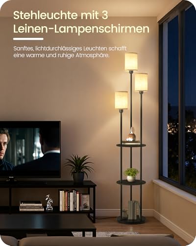 GOEBLESON Stehlampe Wohnzimmer mit Ablage, 3-flammige Stehleuchte mit Regal Vintage, Boho Standleuchte aus Holz mit Fußschalter, E27 Fassung, retro schwarz und beige, moderne Regallampe ZE53LDD05