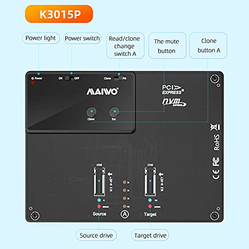 MAIWO K3015P M.2 NVME SSD Festplattenduplikator,USB 3.1 Gen2 Type-C Werkzeuglose Dualschacht Dockingstation, für M-Key / B & M-Key PCIe M.2 NVMe SSD, Unterstützt 10Gbps Offline Clone Duplicator